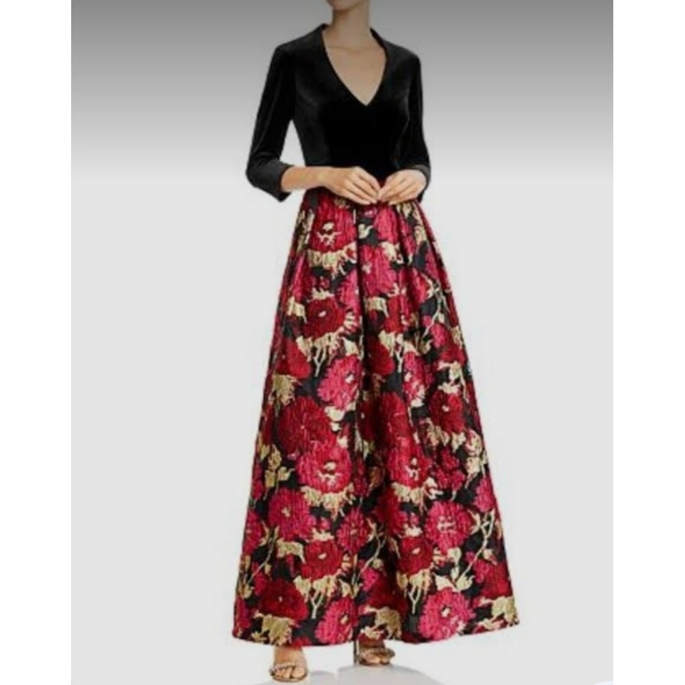 Eliza J Black Velvet Floral Jacquard Ball Gown Pink Gold Metallic Dress Size 6